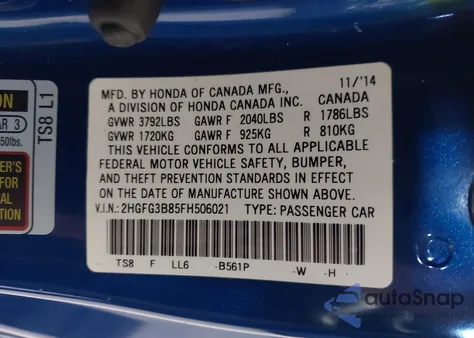 2015 Honda Civic Ex z USA, uszkodzony, nr VIN 2HGFG3B85FH506021